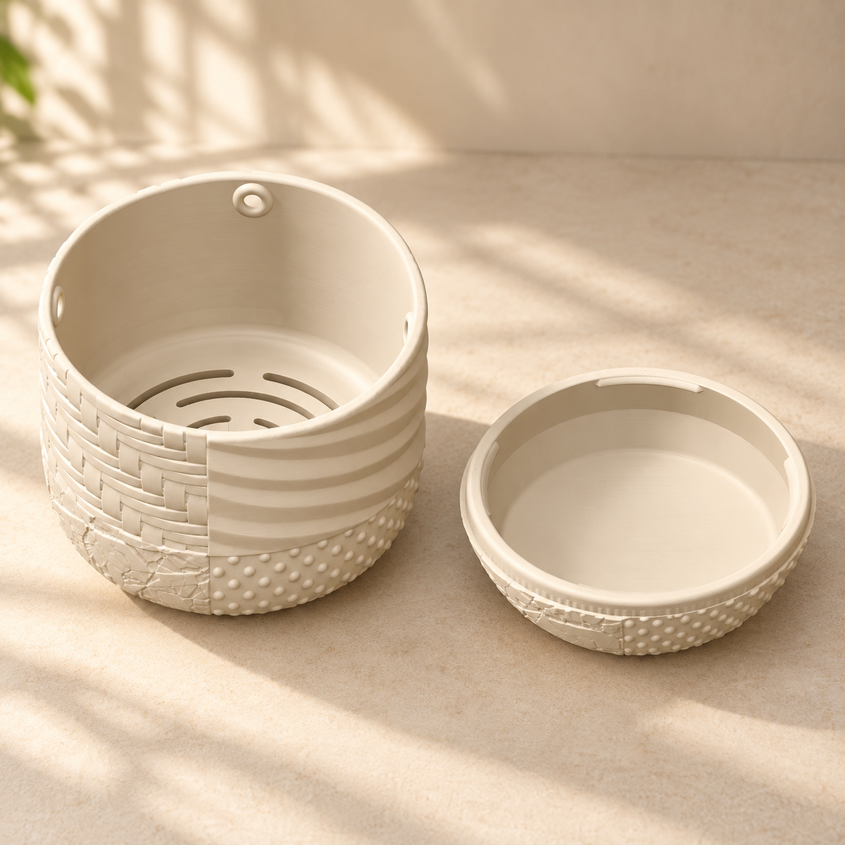 Tessaro hanging planter beside its detached matching saucer, with rope openings near the rim and curved drainage slots visible in the planting base.
