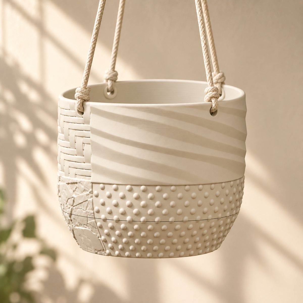 Empty cream Tessaro planter suspended by ropes, showing diagonal ridges, raised dots, woven relief and the seam of its removable lower saucer.