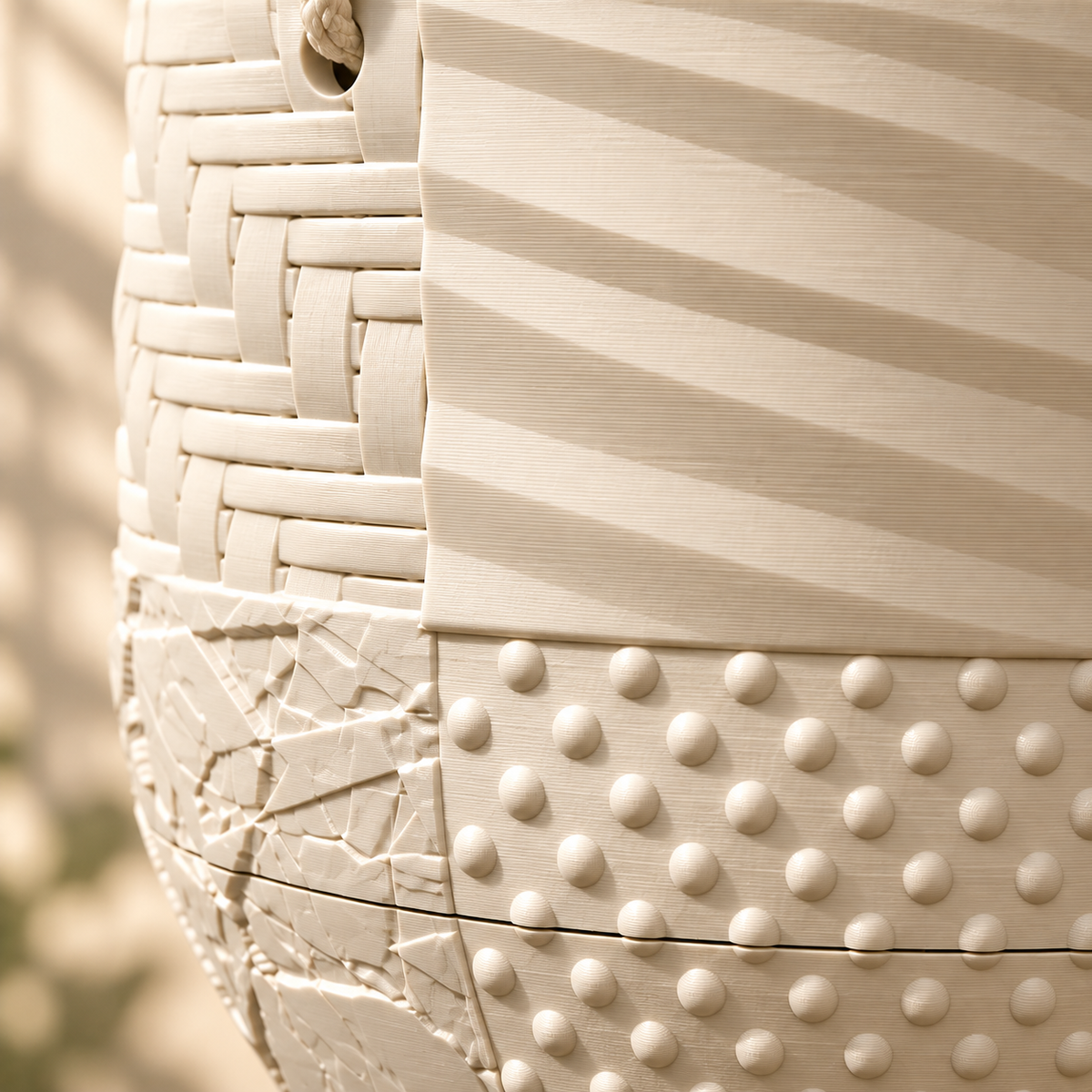 Close-up of Tessaro's cream woven panels, diagonal ridges, raised dots and crackle relief, with fine print layers and the removable saucer seam.