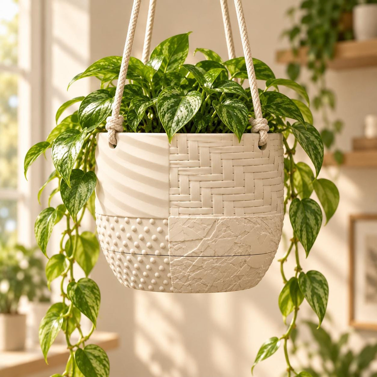 Tessaro hanging self-watering planter with a textured body and matching water reservoir.