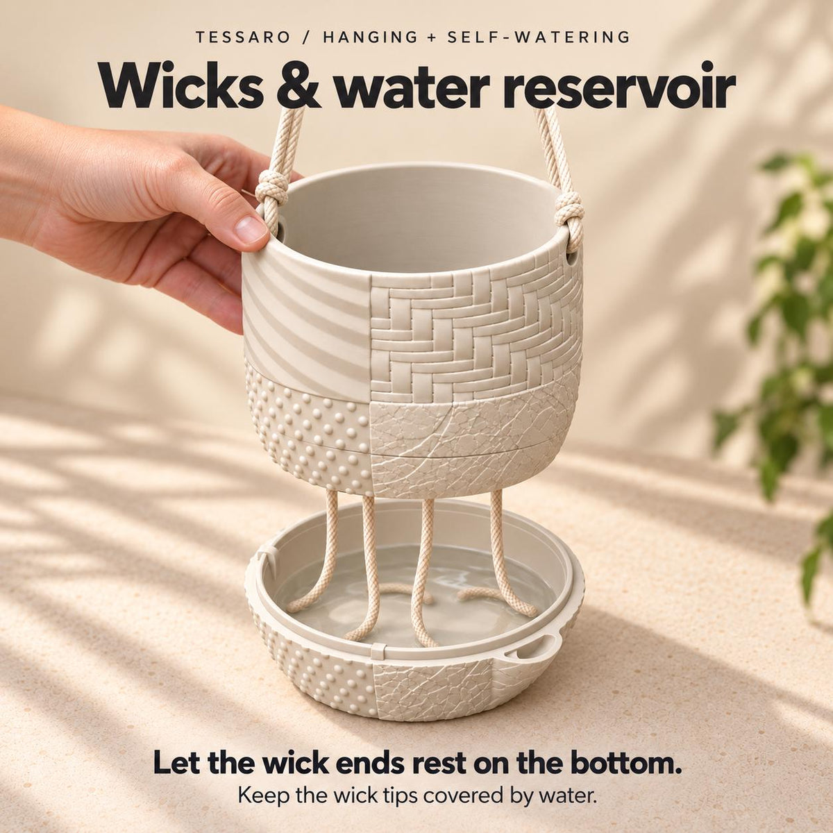 Product detail of the Tessaro hanging planter with a wick-fed self-watering system.