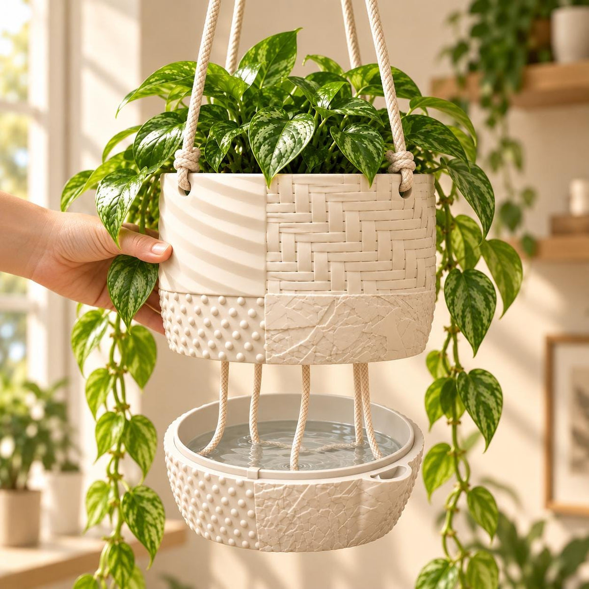 Cream Tessaro hanging self-watering planter lifted above its matching water reservoir, showing suspension ropes and wick cords reaching into the water.