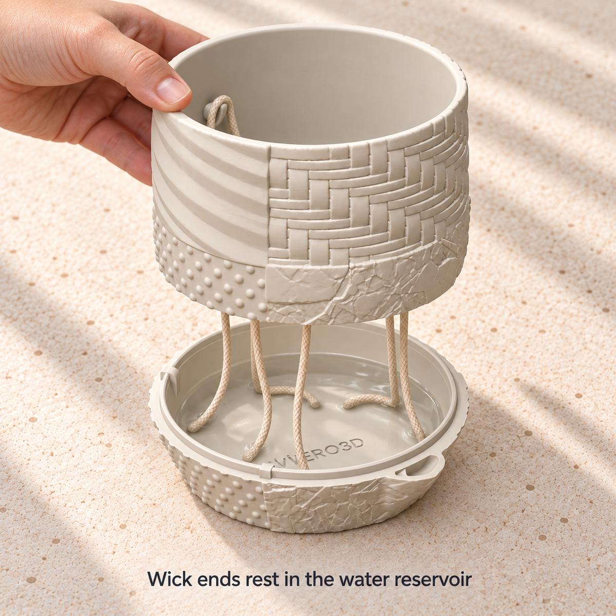 Tessaro planter lifted above its removable water reservoir, with wick ends extending into the water.