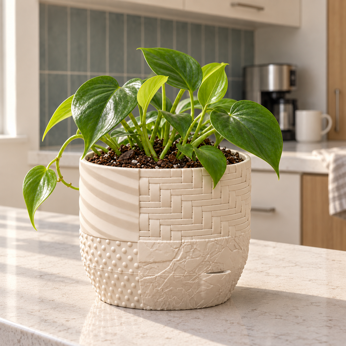 Tessaro self-watering planter with woven, dotted and crackle textures on a kitchen countertop.
