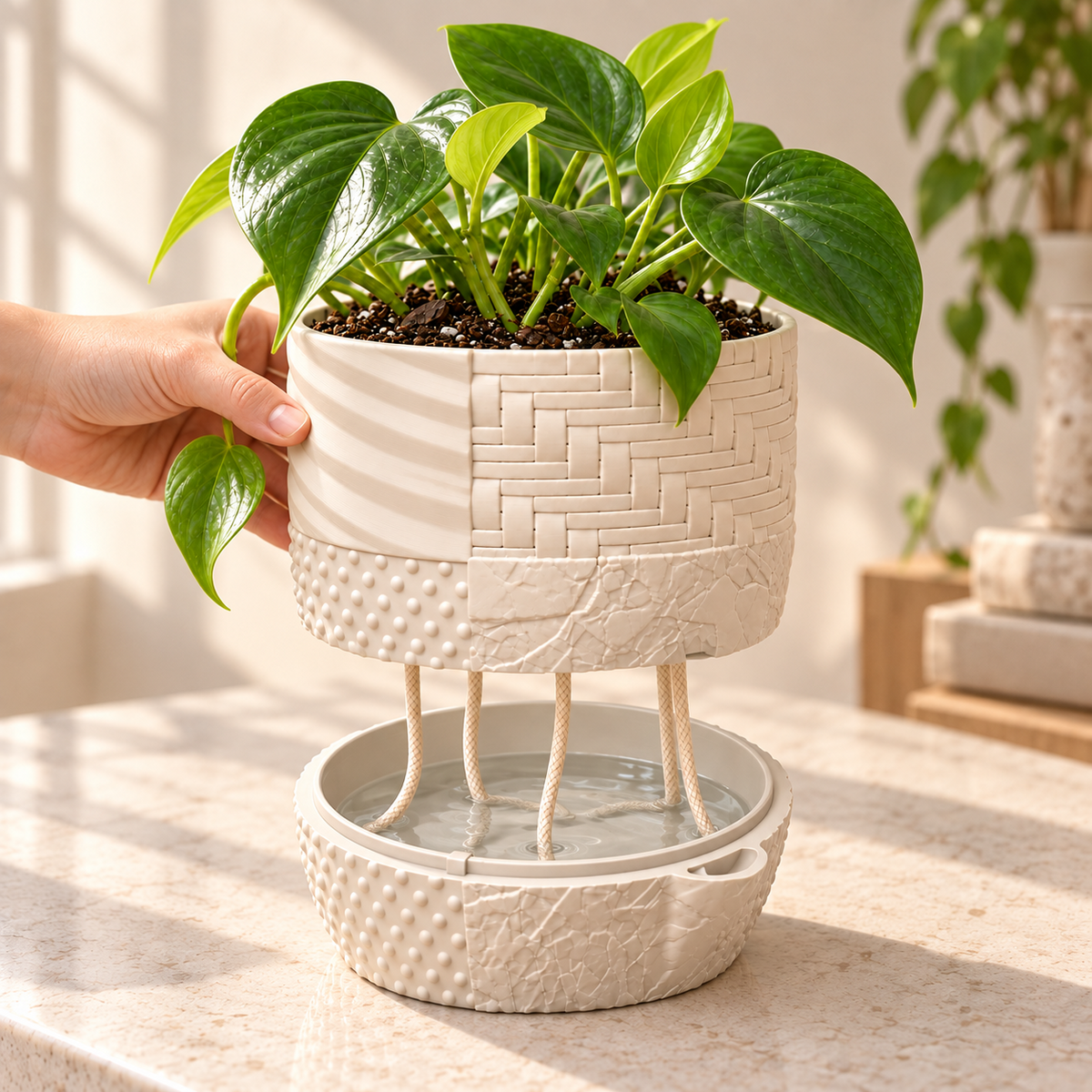 Cream Tessaro self-watering planter held above its matching water reservoir, showing wick cords reaching into the water beneath a leafy green plant.