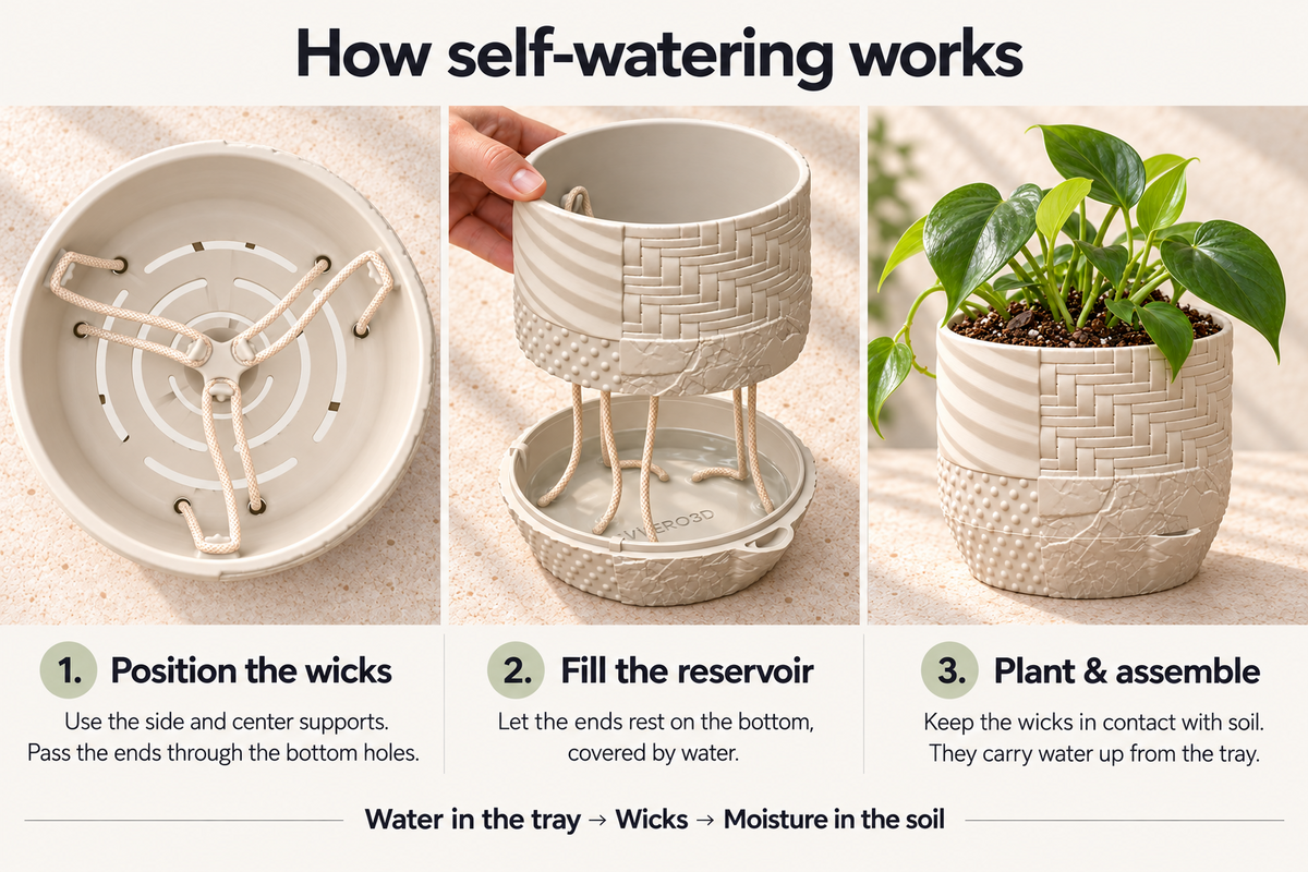 Three-step guide showing wick placement, filling the reservoir and planting the Tessaro self-watering planter.