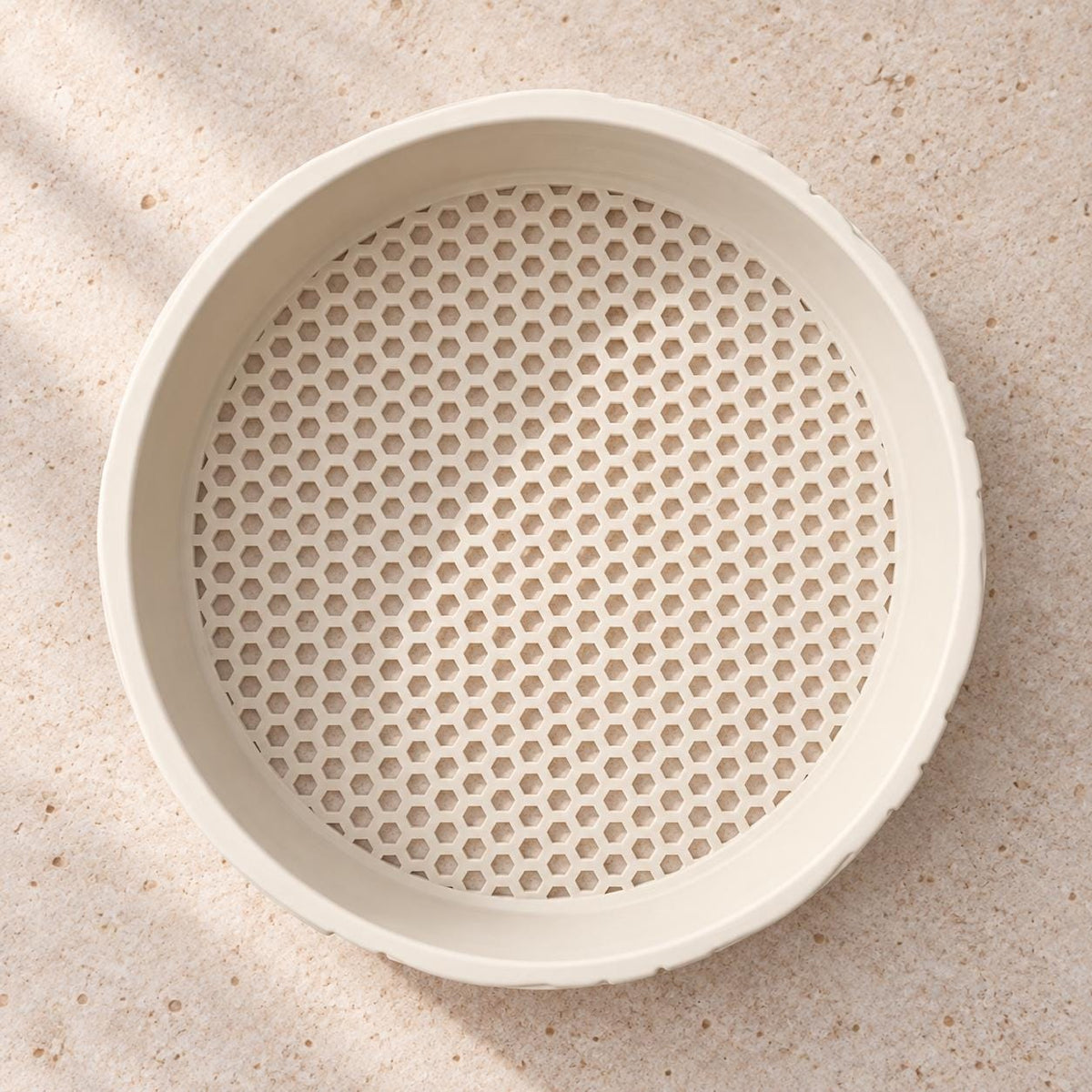 Tessaro shallow bonsai planter product detail showing the cream printed design.