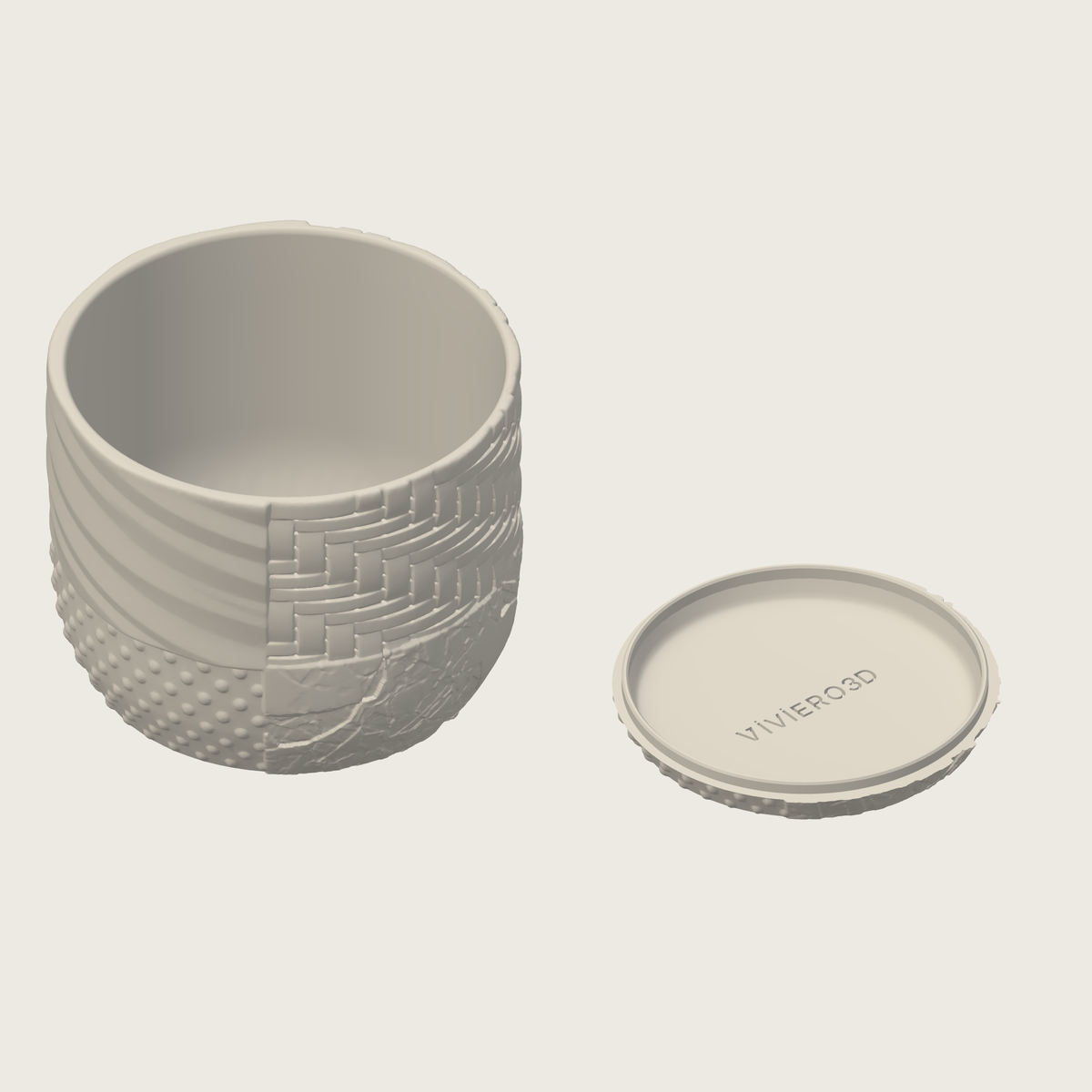 Studio render of the ordinary Tessaro planter beside its detached shallow drainage saucer, with the Viviero3D branding inside the tray.