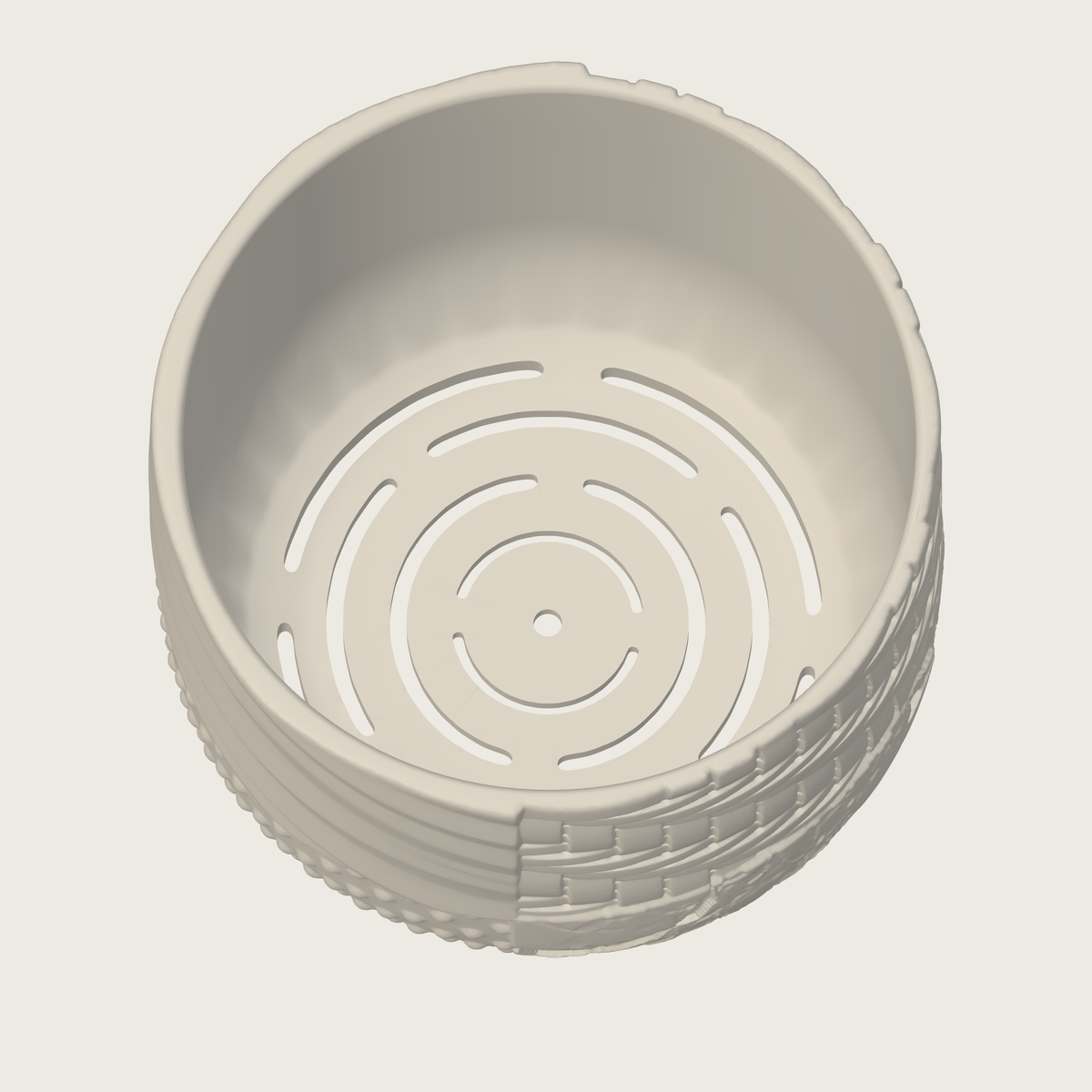 Top-view render inside the standard Tessaro pot showing smooth inner walls, curved drainage slots and a small center opening, without wick supports.
