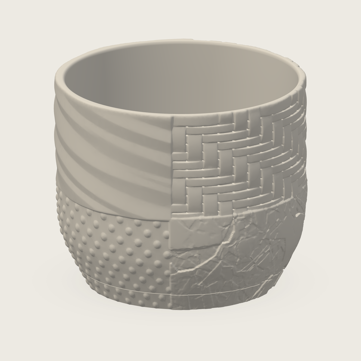 Studio render of a cream Tessaro tabletop plant pot on its matching shallow saucer, showing woven, diagonal, dotted and crackle relief.