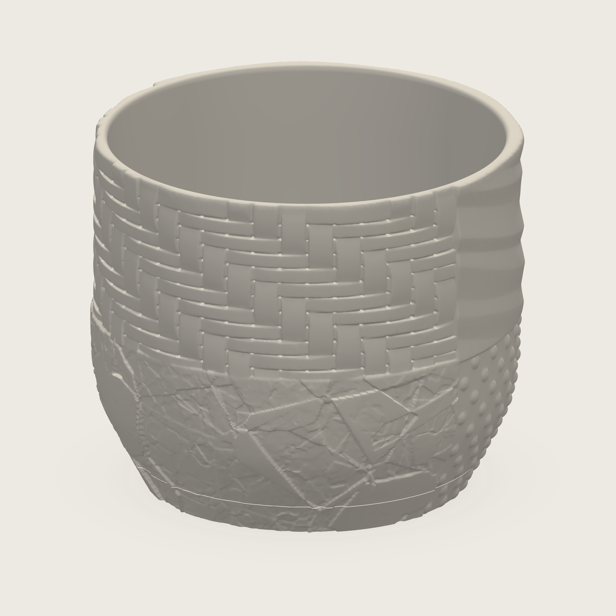 Rear-angle studio render of the cream Tessaro plant pot and matching saucer, showing woven panels, diagonal ridges, dotted and crackle textures.
