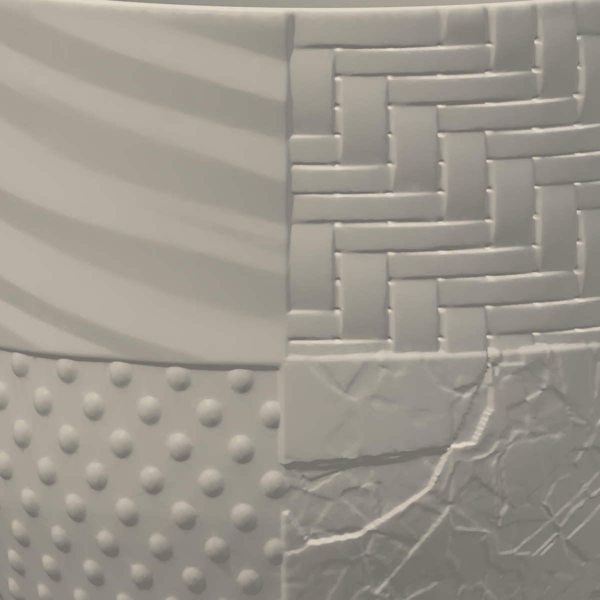 Close-up studio render of the four raised surface textures on the ordinary Tessaro planter: woven panels, diagonal ridges, dots and crackle relief.