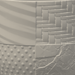 Close-up studio render of the four raised surface textures on the ordinary Tessaro planter: woven panels, diagonal ridges, dots and crackle relief.