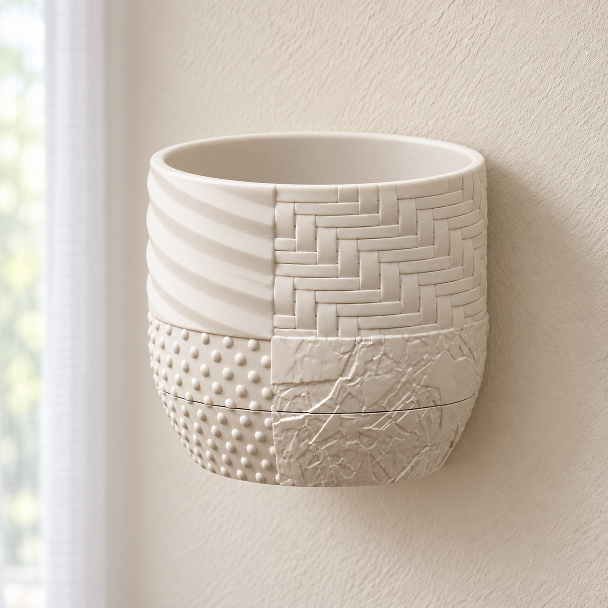 Empty cream Tessaro wall-mounted plant pot showing its textured patchwork surface and the seam of the matching lower drainage tray.