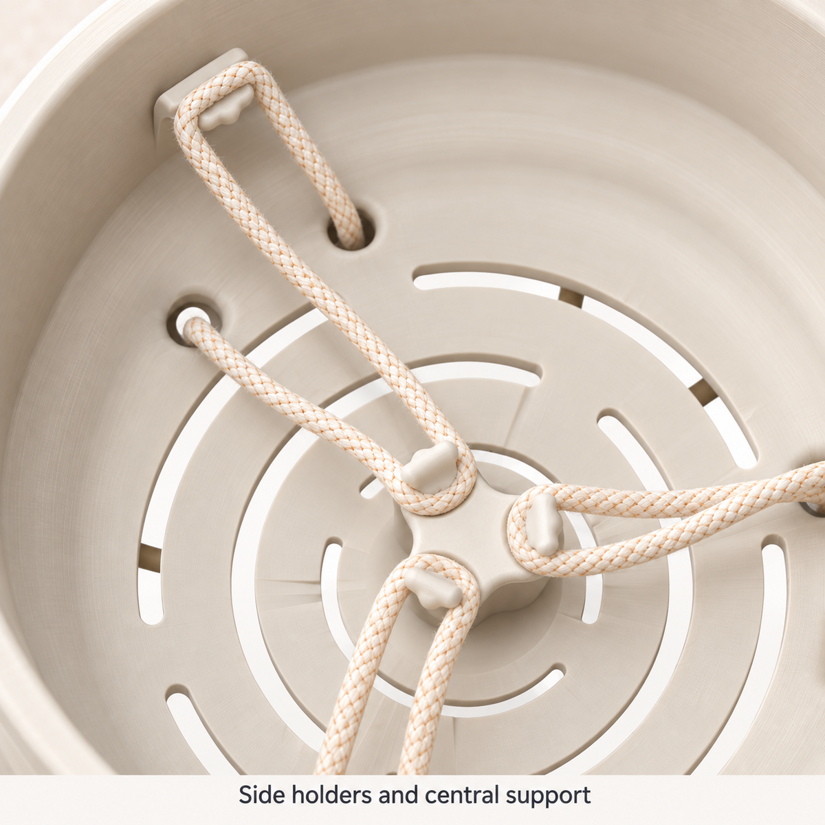 Close-up of the Tessaro planter's central support, side holder and wick cords above the slotted base.