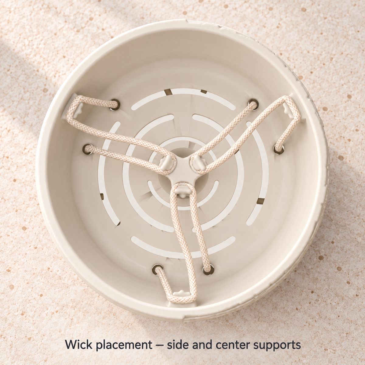 Top view inside the Tessaro planter showing wick cords arranged around side holders and a central support.