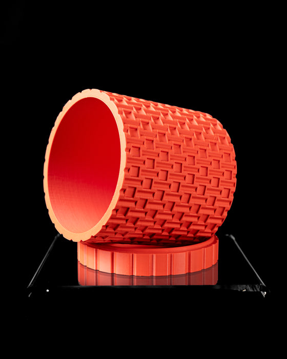 Tile planter angled view showing round opening and woven tile texture