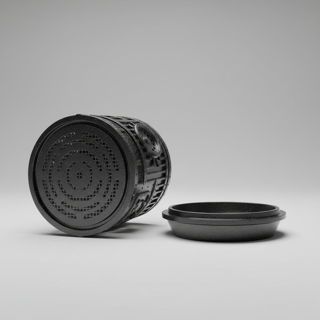 Titan rivets, vent-style panels, and a structured industrial surface indoor planter, drainage tray view