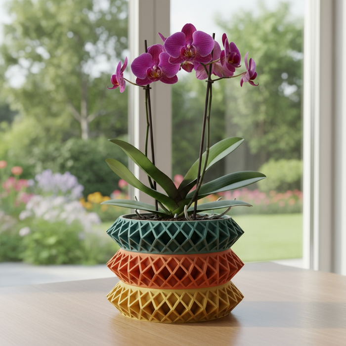 Architectural 3D printed planter, geometric lattice pot, multicolor or single tone  – “Tomo”