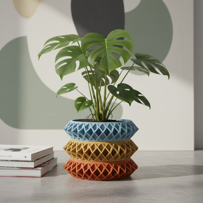 Architectural 3D printed planter, geometric lattice pot, multicolor or single tone  – “Tomo”