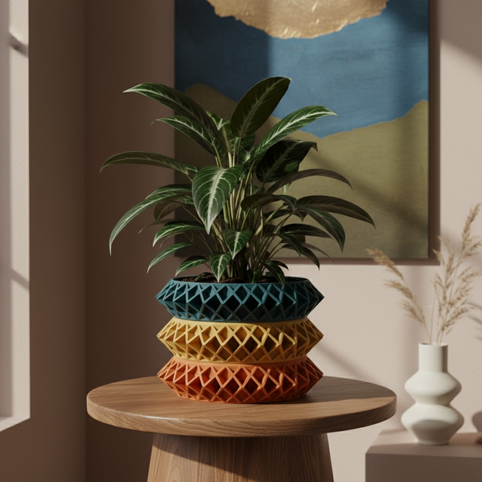Architectural 3D printed planter, geometric lattice pot, multicolor or single tone  – “Tomo”