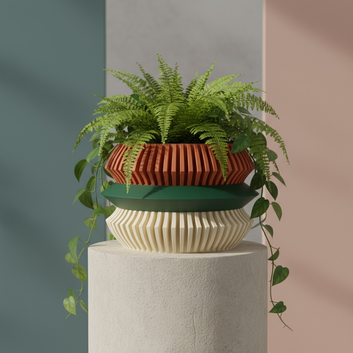 Architectural 3D Printed Planter with Ribbed Pattern | Sculptural Indoor Pot with Optional Drainage — "Uldol"