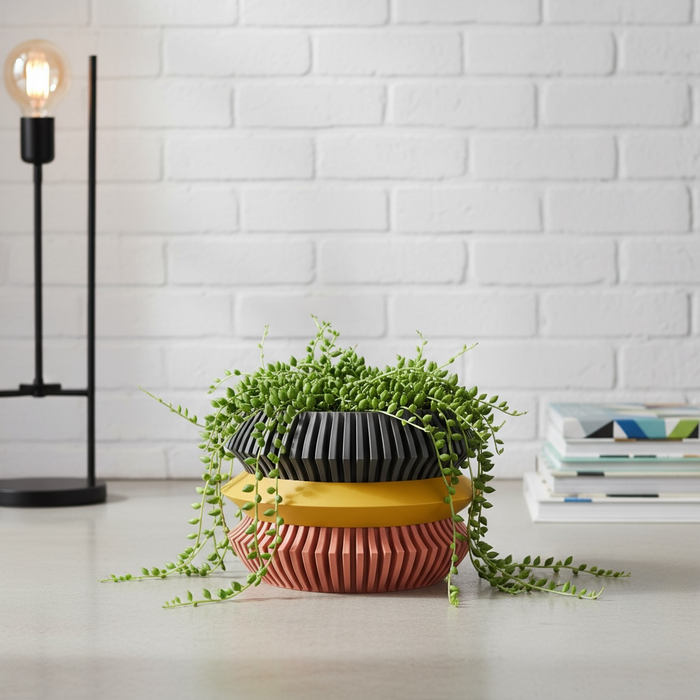Architectural 3D Printed Planter with Ribbed Pattern | Sculptural Indoor Pot with Optional Drainage — "Uldol"