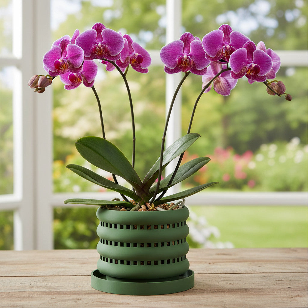 Ulra ventilated orchid pot with horizontal bands, orchid display with matching tray