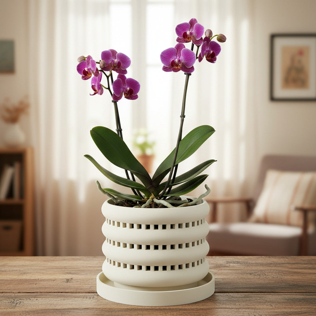 Ulra ventilated orchid pot with horizontal bands, indoor display view