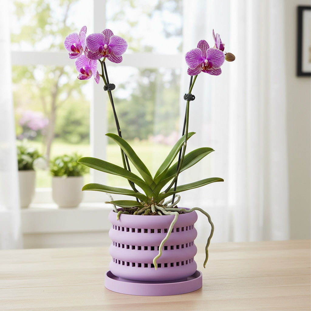 Ulra ventilated orchid pot with horizontal bands, front view