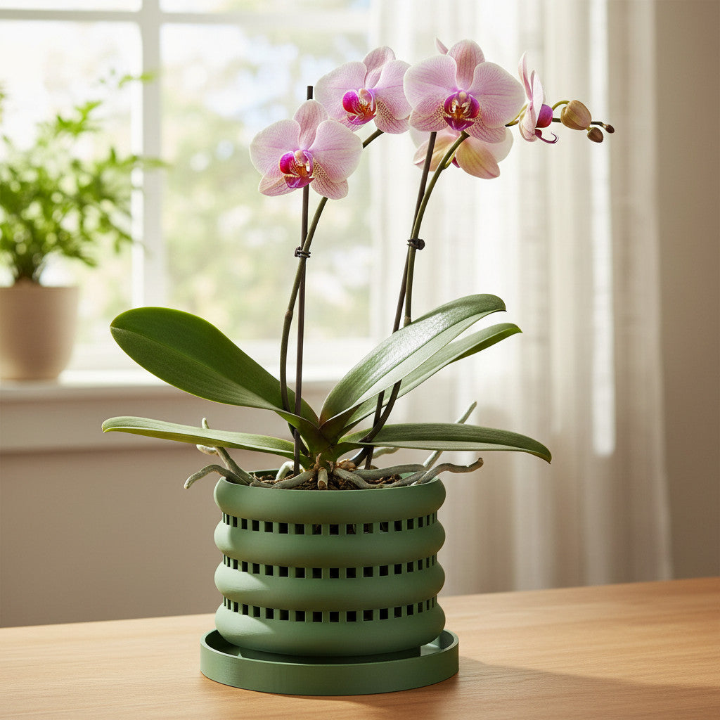 Ulra ventilated orchid pot with horizontal bands, side view
