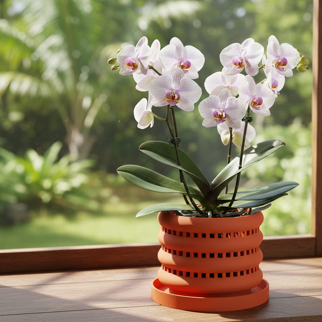 Ulra ventilated orchid pot with horizontal bands, orchid display on a windowsill