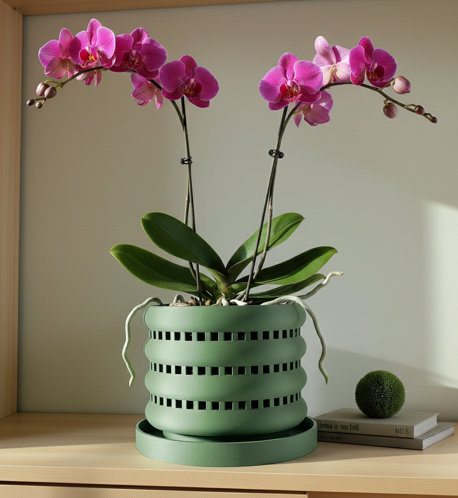 Ulra ventilated orchid pot with horizontal bands, orchid display on a side table