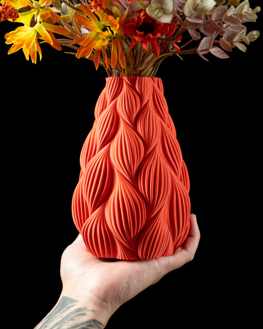 3d printed colored vase with vertical teardrop-shaped ridges and tall sculptural form, modern flower vase for dried floral arrangements