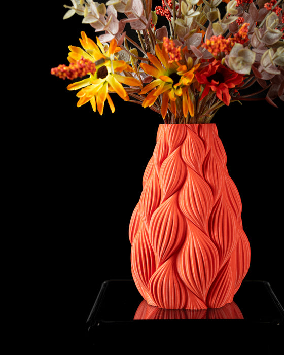 unique tall vase with leaf-like embossed surface and organic silhouette, 3d printed design ideal for home office or shelf styling