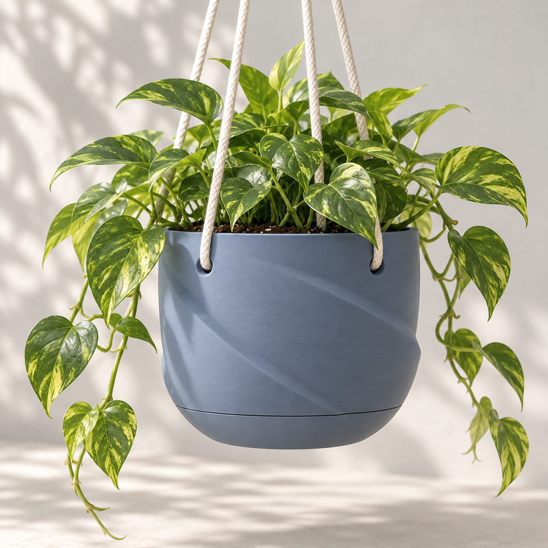 Grey Blue Veluno hanging planter with sculptural folds, cream cords and trailing golden pothos.