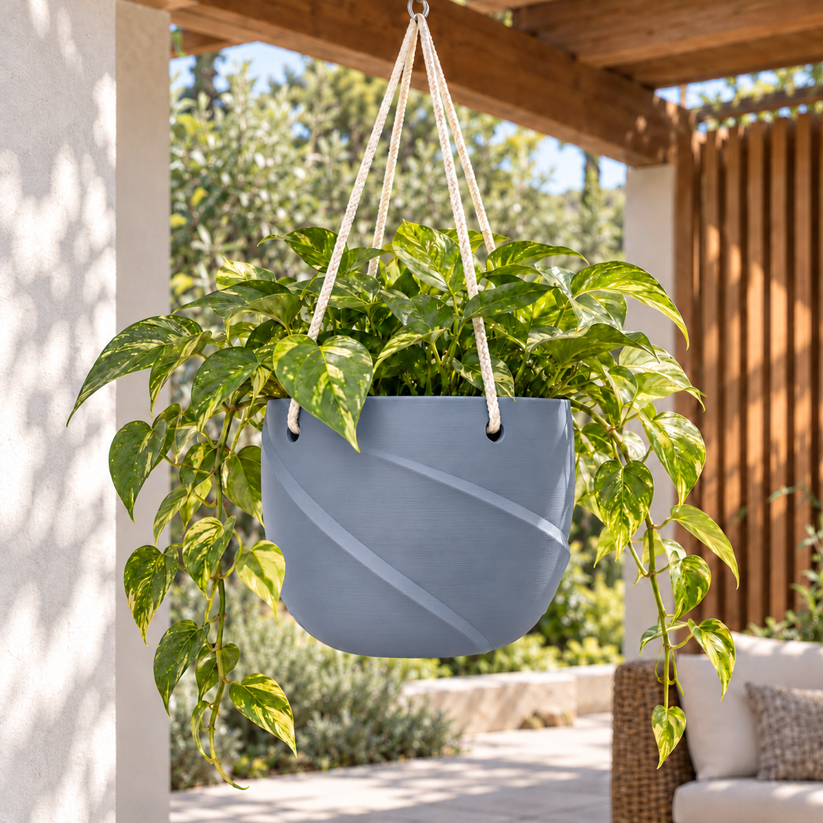 Grey Blue Veluno hanging planter with golden pothos and cream cords beneath a wooden pergola on a sheltered terrace.