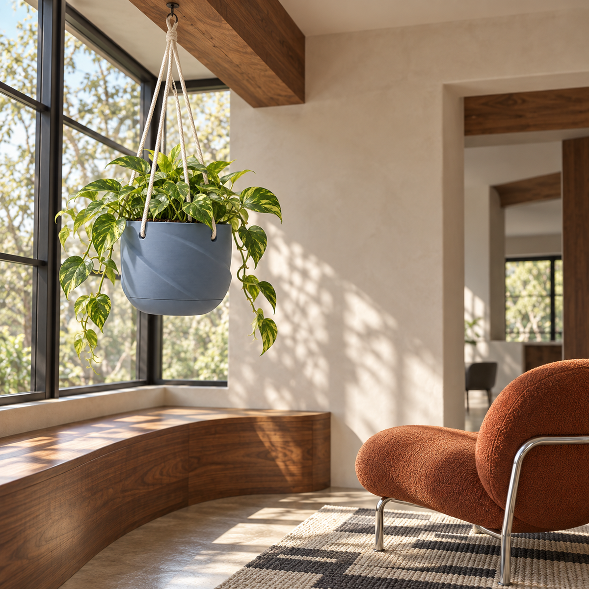Grey Blue hanging planter with trailing pothos beside a large living room window and a curved brown armchair.
