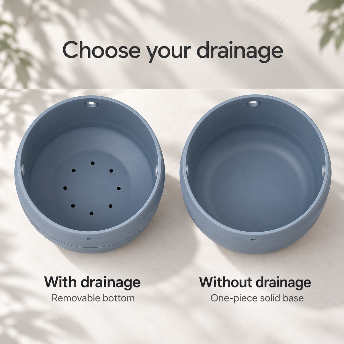 Veluno drainage options: planting-floor holes above a removable collector, or a closed one-piece bottom without drainage.