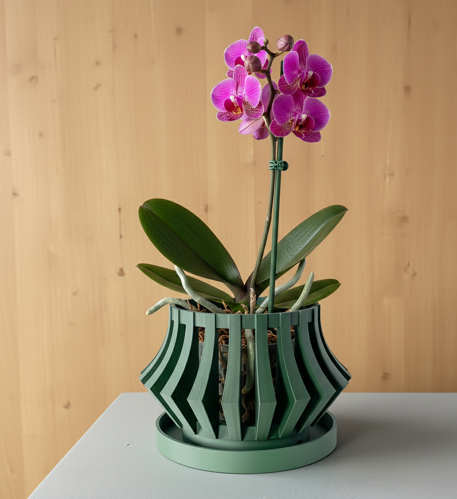 Veria sculptural openwork ventilated orchid pot, front view