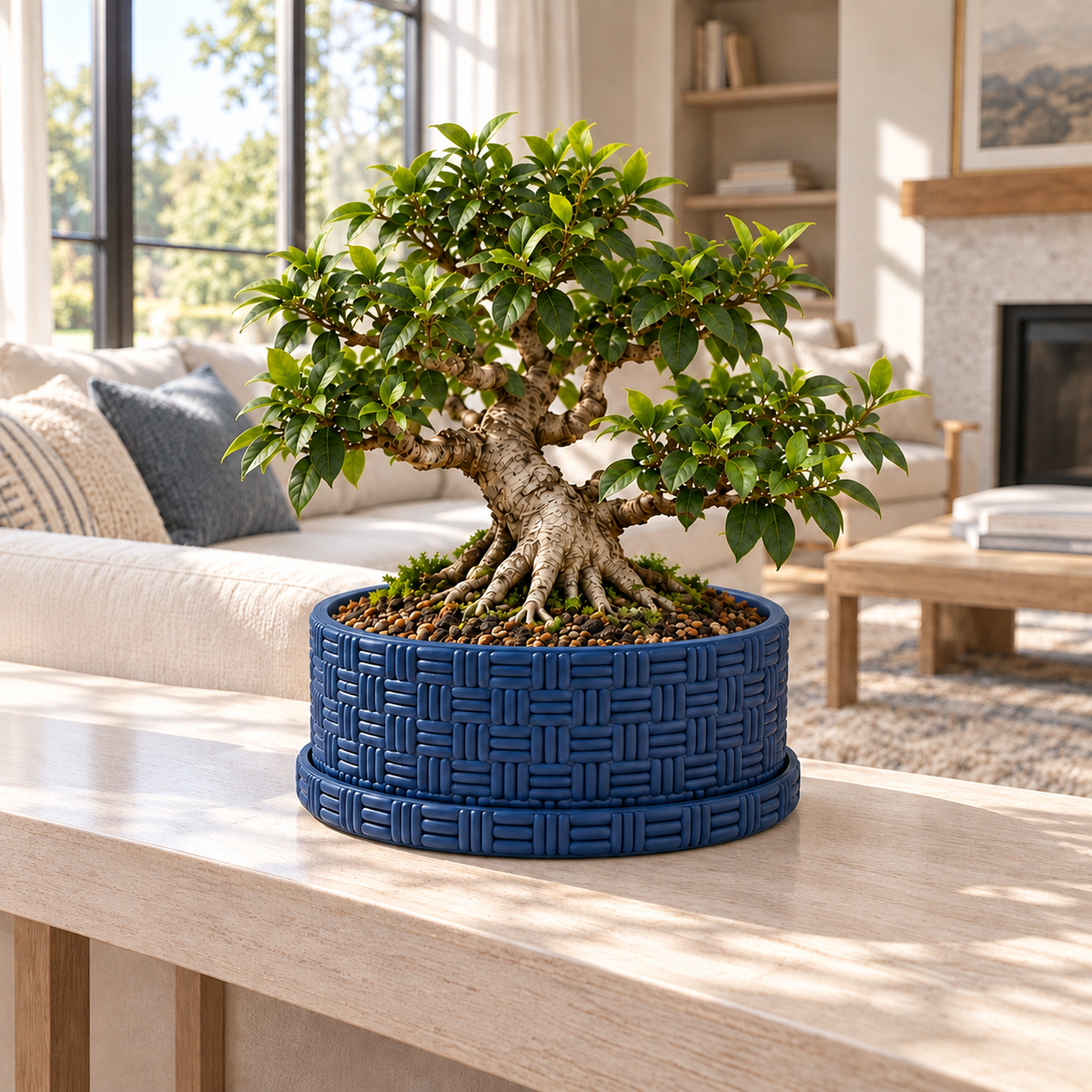 Navy blue round bonsai pot with a Ficus tree and matching tray on a console in a bright living room.