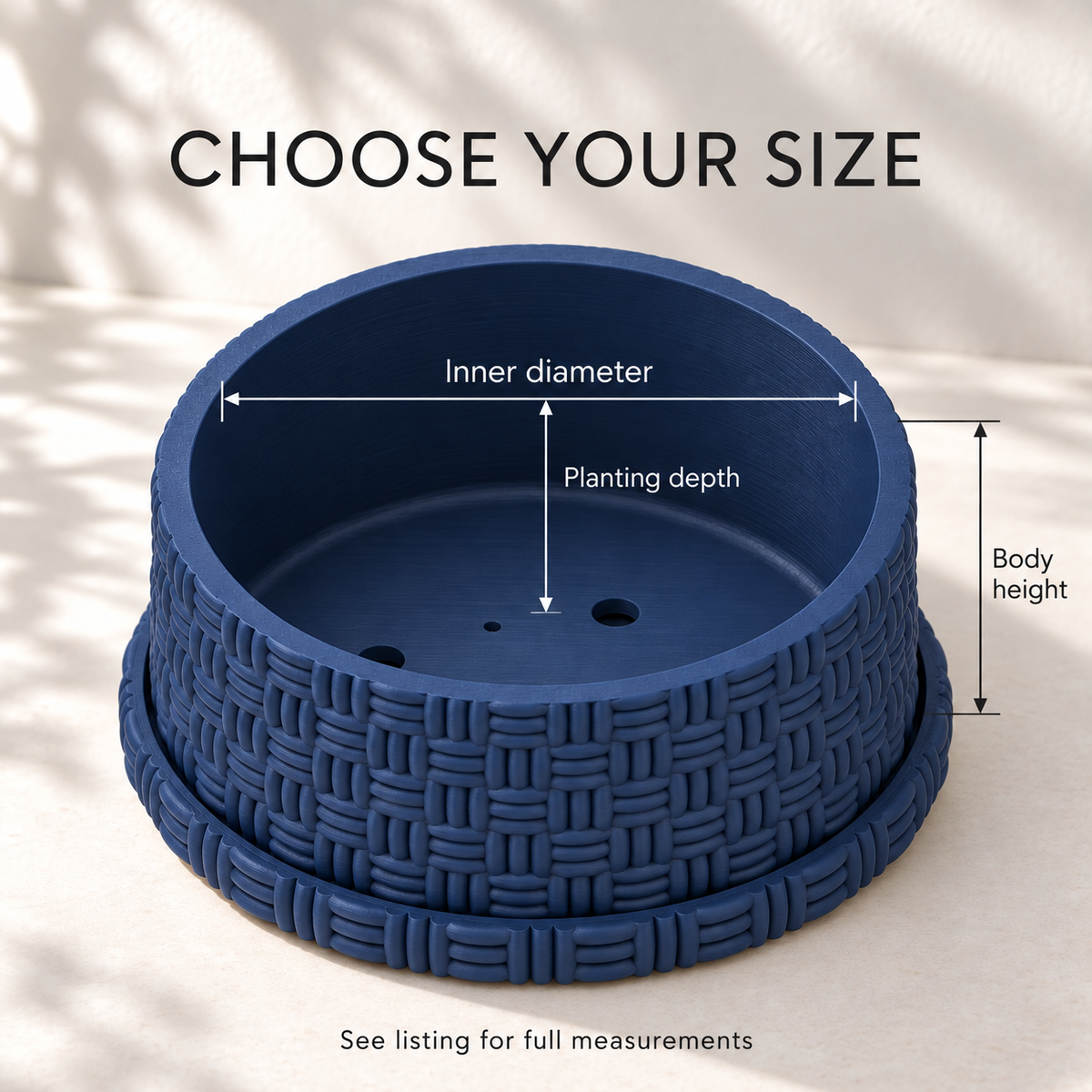 Vewo bonsai pot size guide showing inner diameter, planting depth and body height