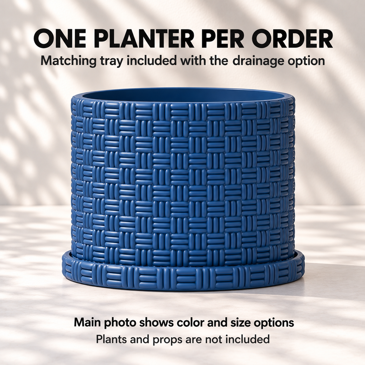 Vewo quantity guide: one navy planter per order, with a matching tray included when the drainage option is selected.