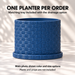 Vewo quantity guide: one navy planter per order, with a matching tray included when the drainage option is selected.