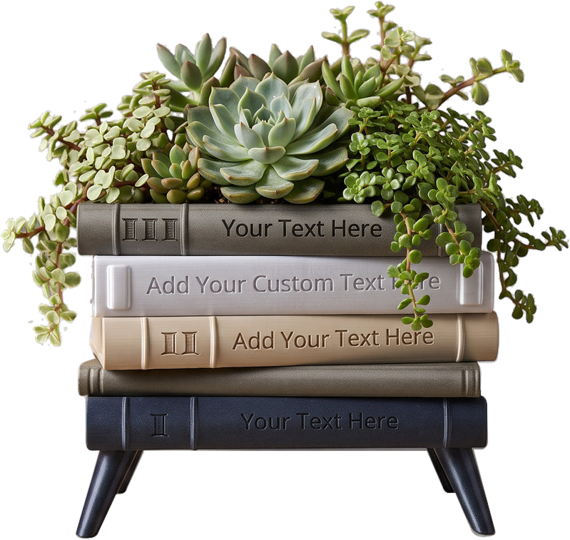 Book planter with a succulent arrangement and original angled legs