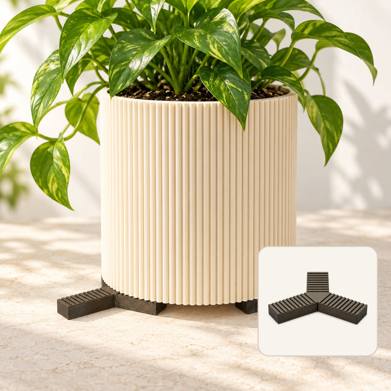Cream fluted planter supported by three separate dark Trivio Y-shaped pot feet, with one individual foot shown in a product inset.
