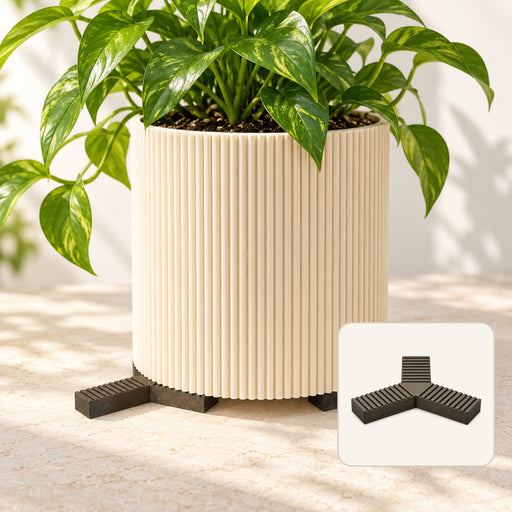 Cream fluted planter supported by three separate dark Trivio Y-shaped pot feet, with one individual foot shown in a product inset.