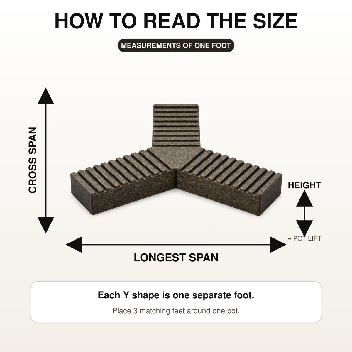 Measurement arrows defining longest span, cross span and height on one Trivio Y-shaped pot foot.