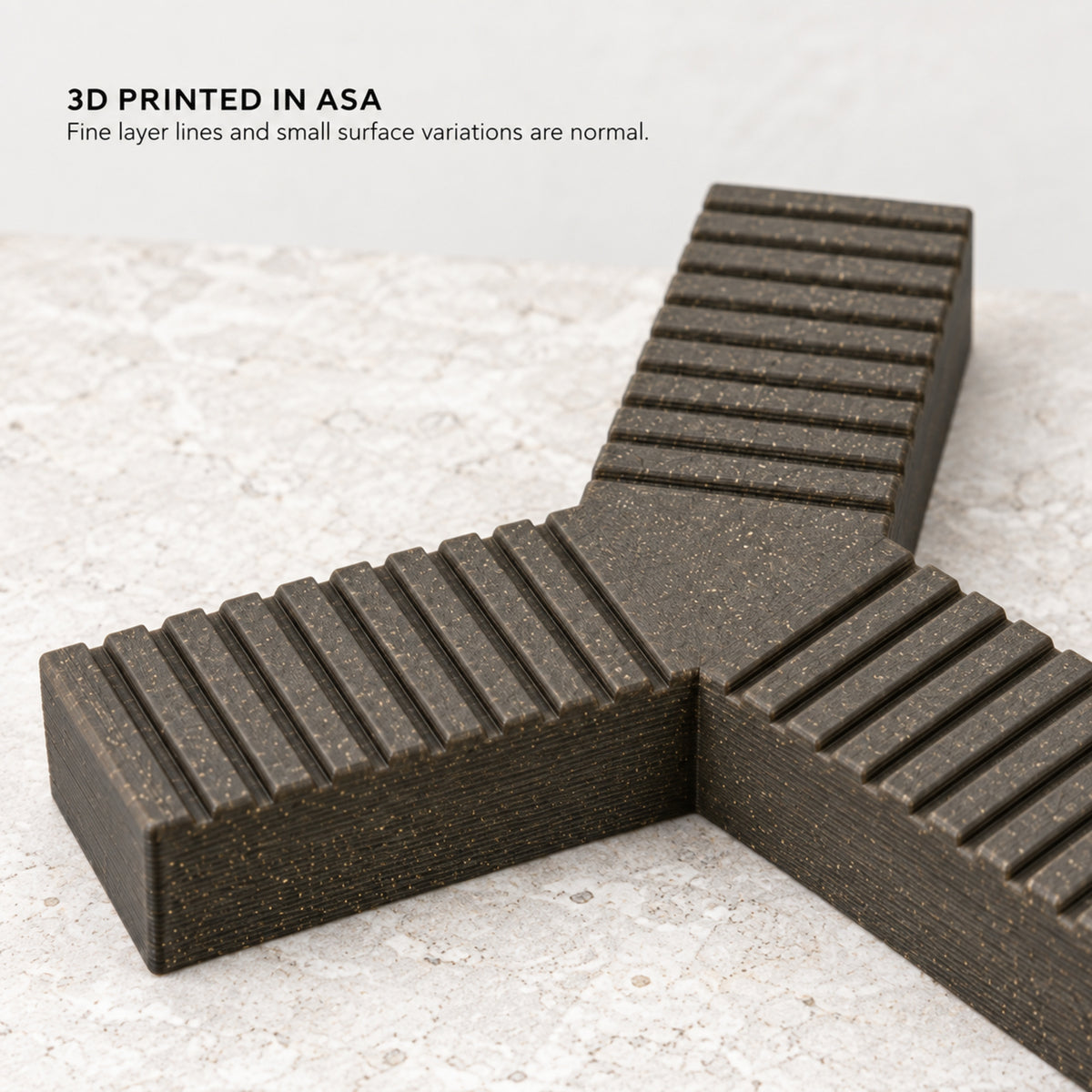 Close-up of one ASA pot foot showing the ribbed grip surface, triangular center and printed layer texture.