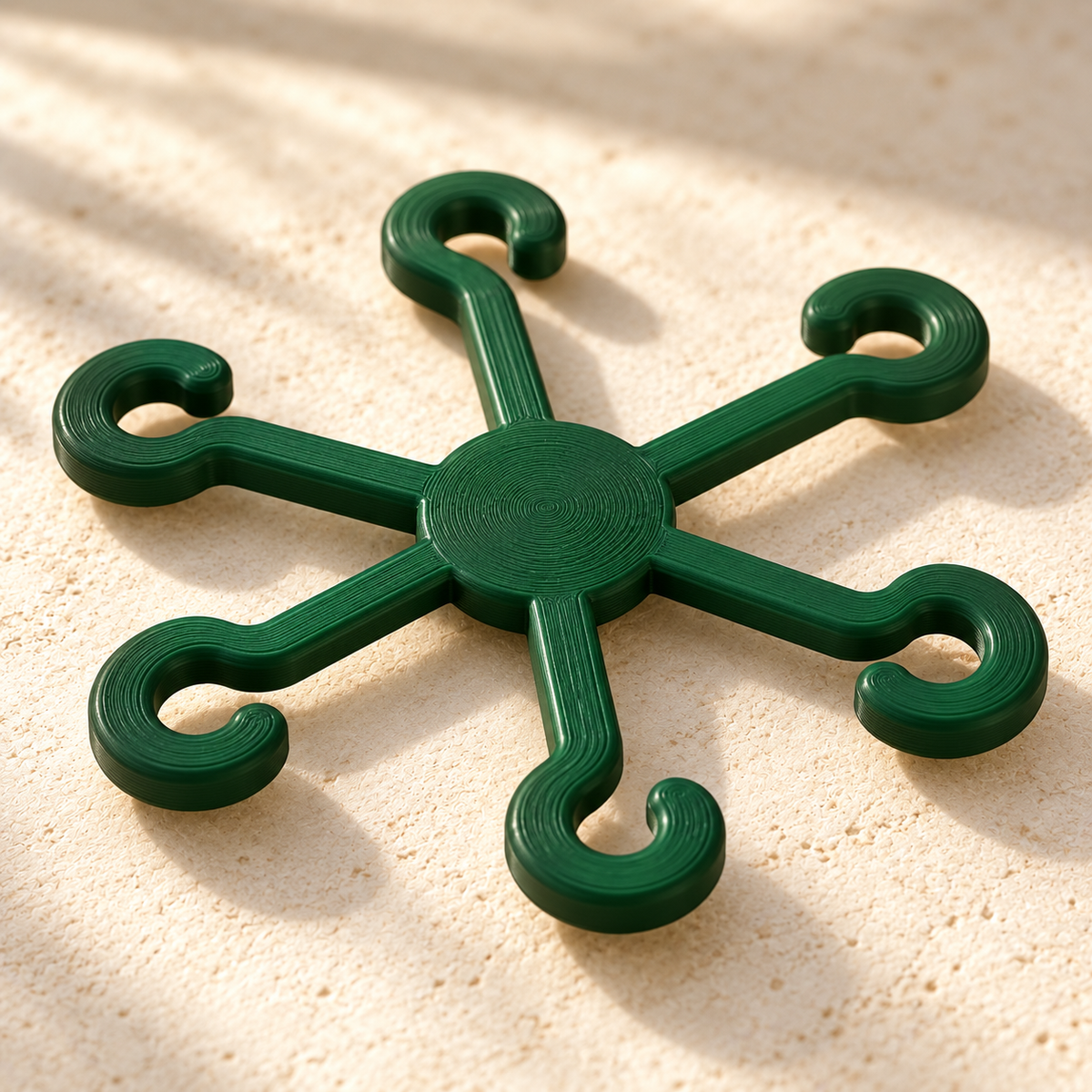 Close-up of the layered ASA surface and six open hooks of a green plant support